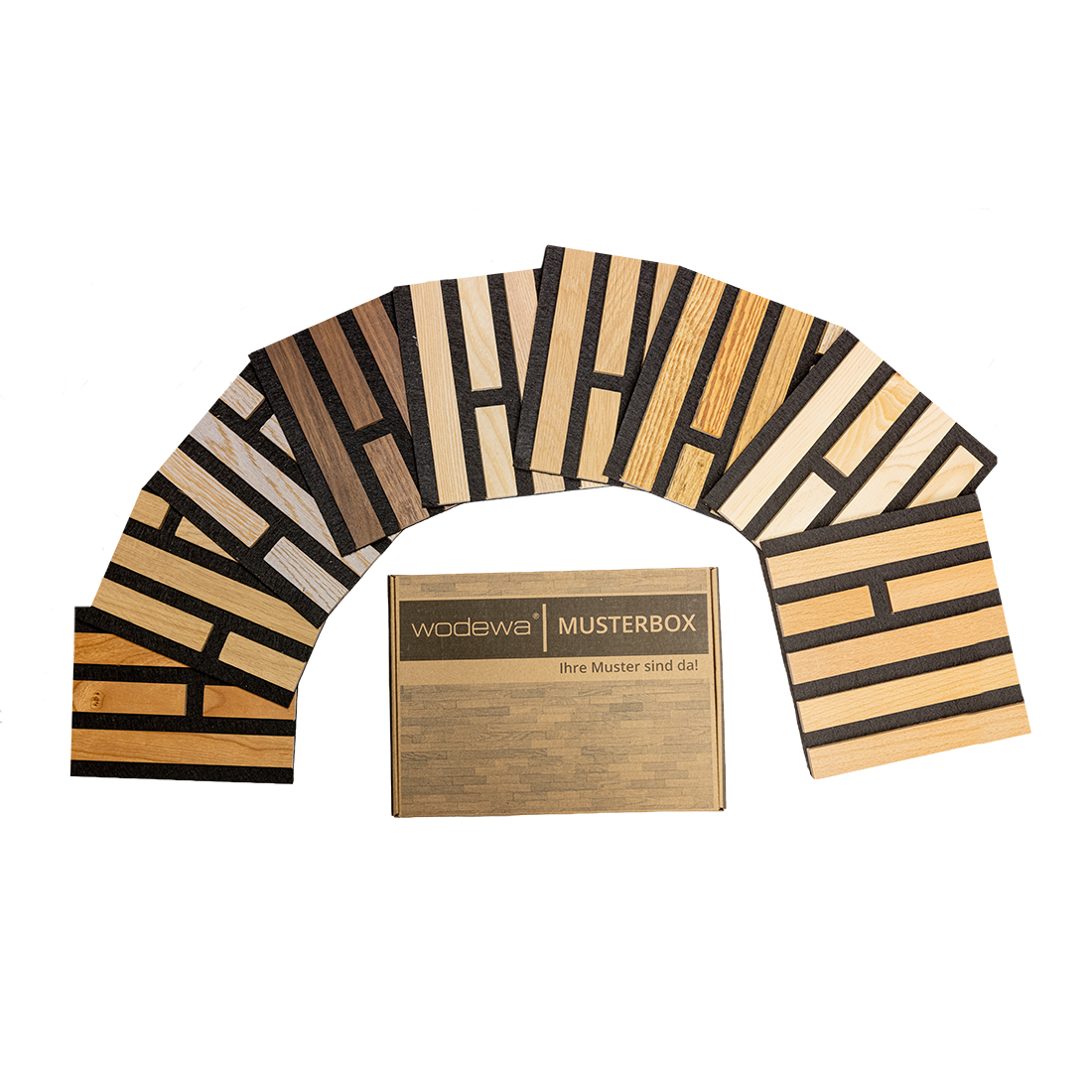 Echtholz Akustikpaneel Akzent Musterbox von wodewa - natürliche Wandverkleidung mit akustischer Wirkungen und individuellen Längen