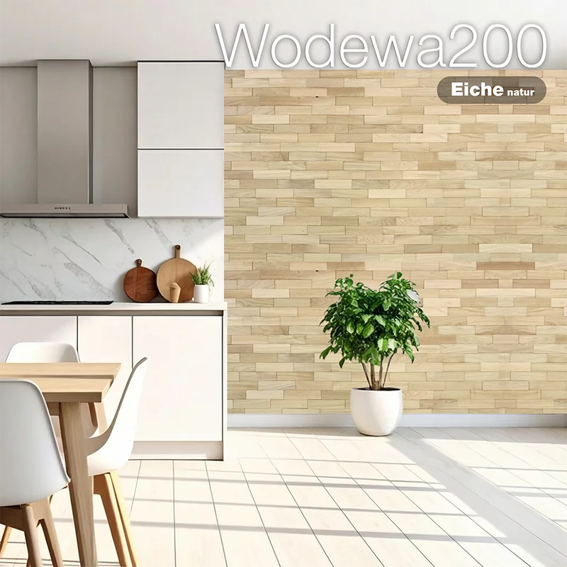 Wodewa200 Holzwand aus Eiche natur in moderner Küche – natürliche Wandverkleidung aus Holz