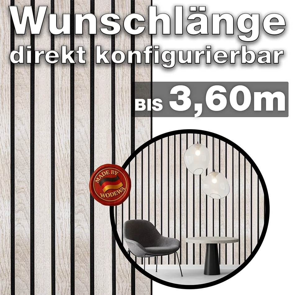 Akustik Breilamellenwand aus Eiche weiss von WODEWA in Wunschlänge bis 3,60 m – modernes Wanddesign Made in Germany