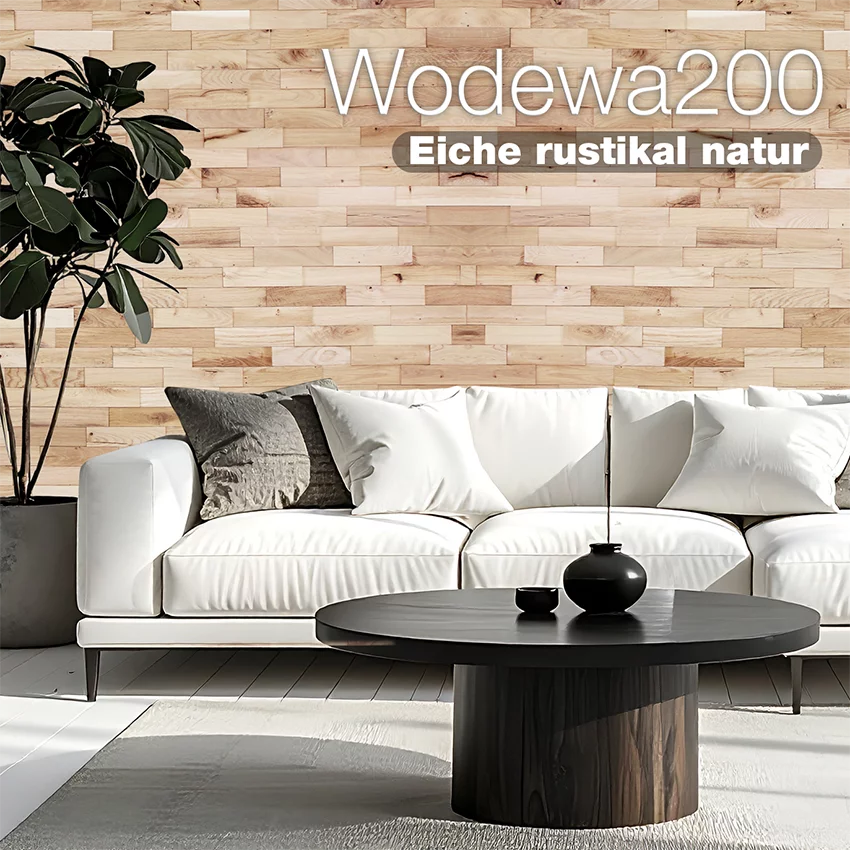 Modernes Wohnzimmer mit Buchenholz-Wandverkleidung Wodewa200 Eiche rustikal natur und weißem Sofa