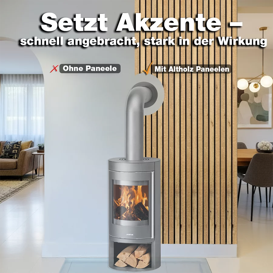 Vorher-Nachher-Vergleich eines Wohnraums mit und ohne Akustikbreitpaneele aus Altholz hinter einem Kamin von Wodewa