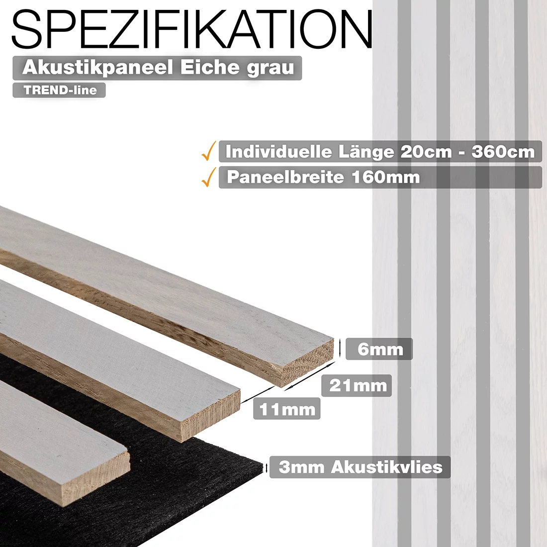 wodewa Akustikpaneel Echtholz Eiche grau Trend-line mit 160 mm Paneelbreite, individuelle Länge 20–360 cm, Lamellen in 6 mm Stärke, 3 mm Akustikvlies – Wandpaneel für Raumakustik hergestellt in Deutschland