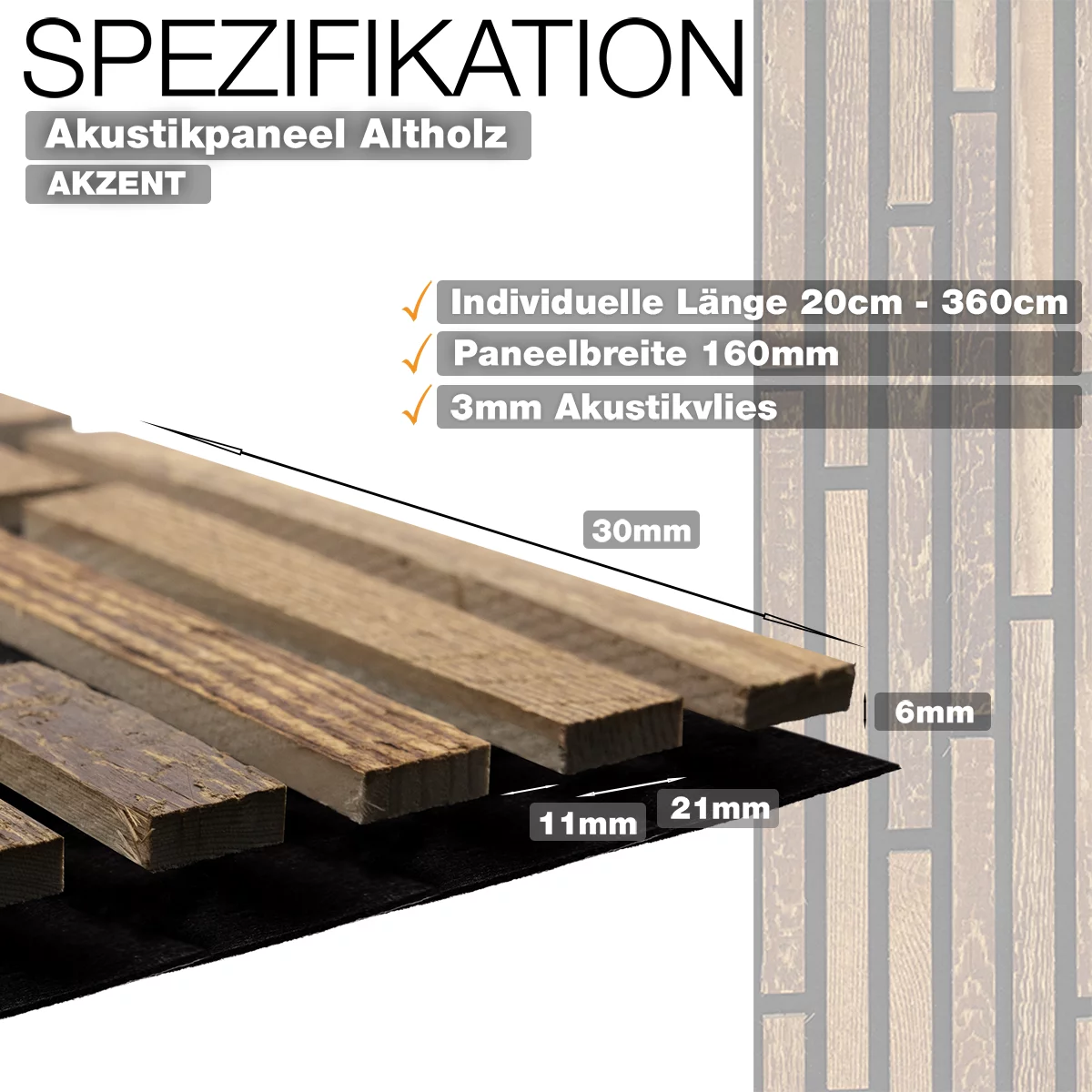 Akustikpaneel Akzent aus Altholz mit 3 mm Akustikvlies und Lamellenaufbau – technische Spezifikation von Wodewa