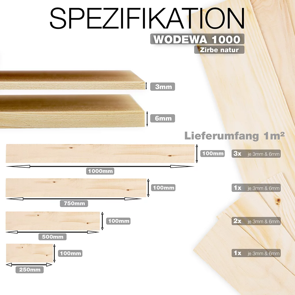 wodewa 1000 Zirbe natur – Zirbenholz-Leisten in 250–500–750–1000 mm Länge für natürliche Wandverkleidung, hochwertige Fertigung in Deutschland