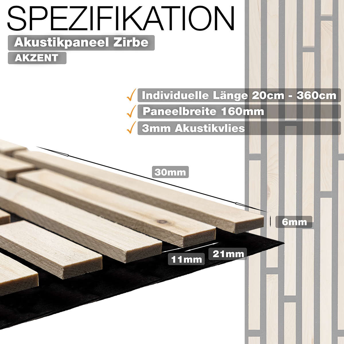 Akustikpaneel Akzent aus Zirbe mit 3 mm Akustikvlies und Lamellenaufbau – technische Spezifikation von Wodewa