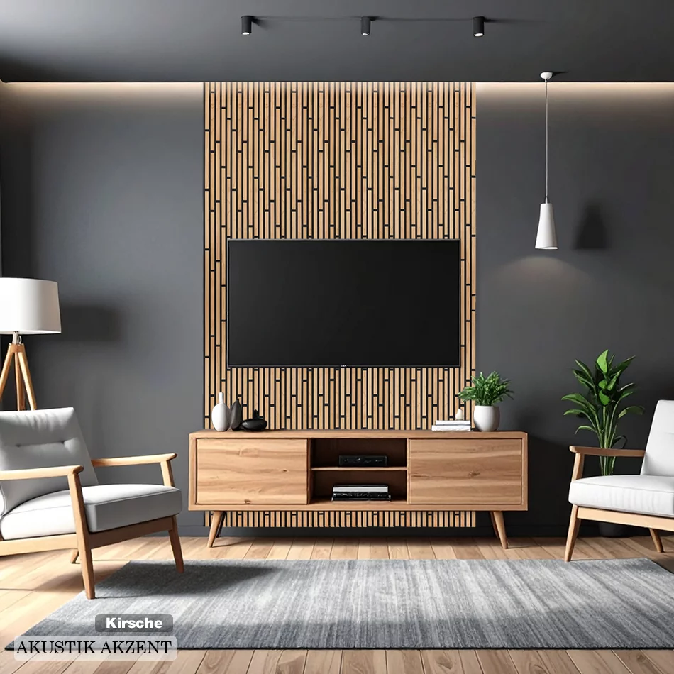 Akustikpaneel aus Kirsche als TV-Wand im modernen Wohnzimmer mit Holz-Sideboard und Sesseln von Wodewa