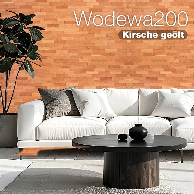 Massivholz Kirsche geölt W200 von Wodewa als natürliche Wandverkleidung in modernem Wohnraum
