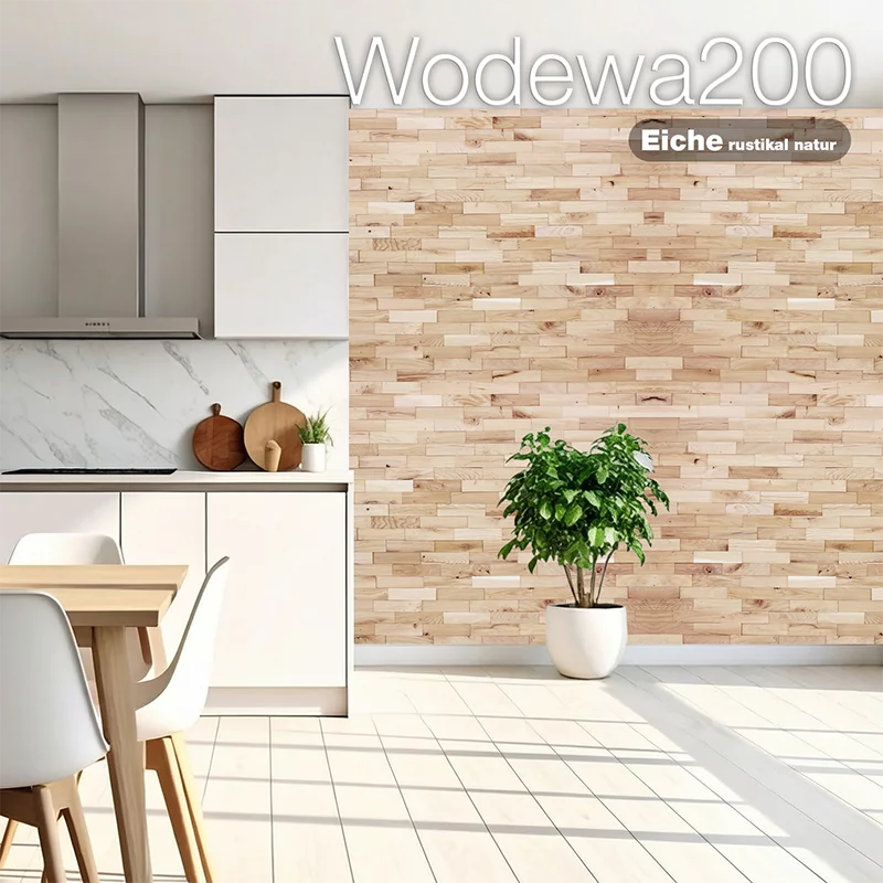 Wodewa200 Holzwand aus Eiche rustikal natur in moderner Küche – natürliche Wandverkleidung aus Holz