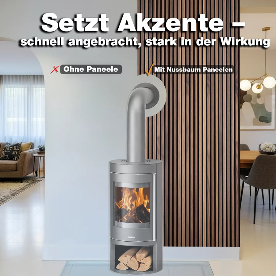 Vorher-Nachher-Vergleich mit wodewa Akustikpaneelen Echtholz Nussbaum – moderne Wandgestaltung hinter Kamin, bessere Raumwirkung und Akustik hergestellt in Deutschland.