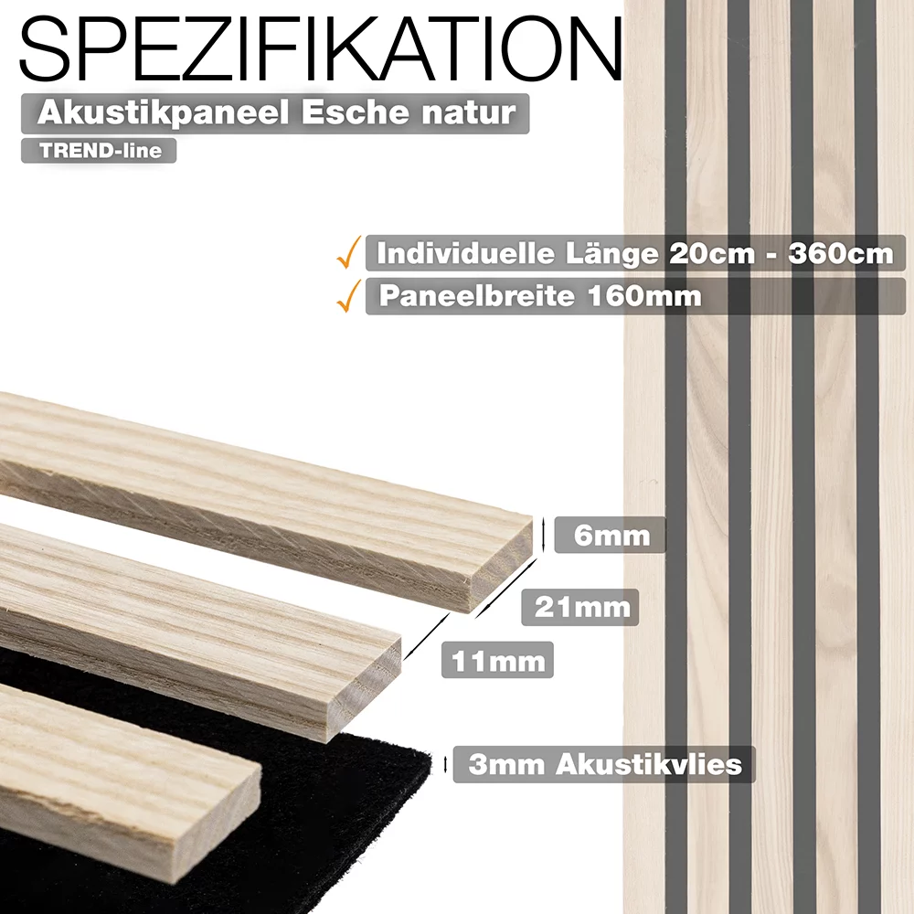 wodewa Akustikpaneel Echtholz Esche Trend-line mit 160 mm Paneelbreite, individuelle Länge 20–360 cm, Lamellen in 6 mm Stärke, 3 mm Akustikvlies – Wandpaneel für Raumakustik hergestellt in Deutschland