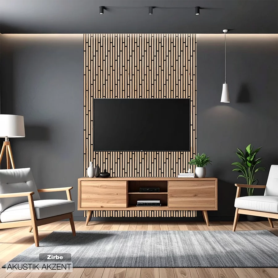 Akustikpaneel aus Zirbe als TV-Wand im modernen Wohnzimmer mit Holz-Sideboard und Sesseln von Wodewa