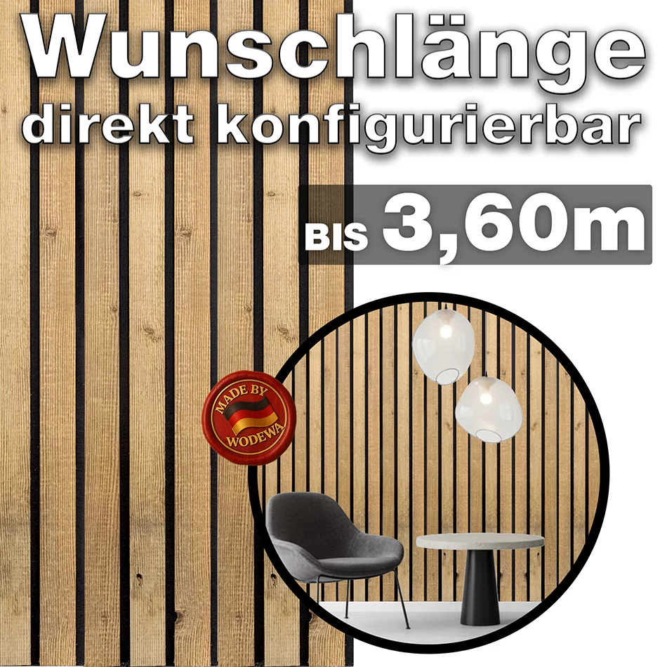 Akustik Breilamellenwand aus Altholz von WODEWA in Wunschlänge bis 3,60 m – modernes Wanddesign Made in Germany
