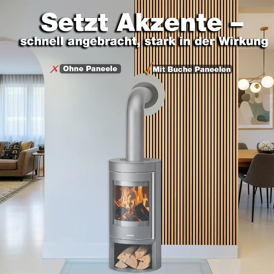 Vorher-Nachher-Vergleich mit wodewa Akustikpaneelen Echtholz Buche – moderne Wandgestaltung hinter Kamin, bessere Raumwirkung und Akustik hergestellt in Deutschland.