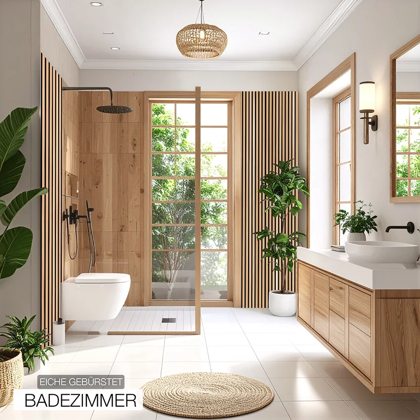 Akustikpaneel aus Eiche gebürstet-Holz von wodewa – natürliche Wandverkleidung mit akustischer Wirkung im modernen Badezimmer
