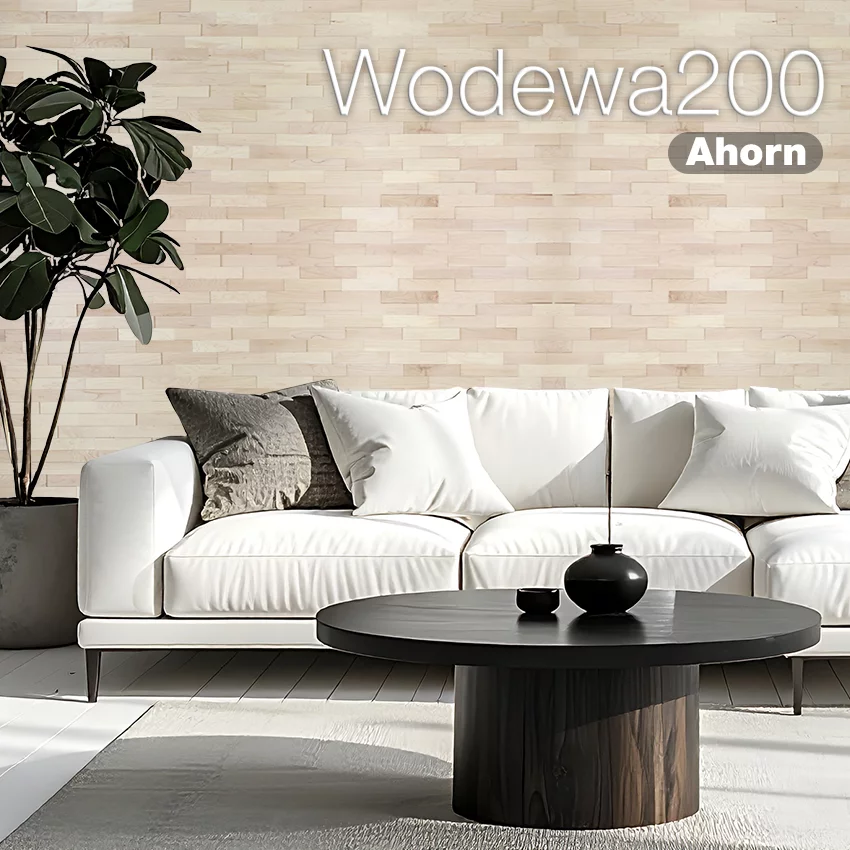 Modernes Wohnzimmer mit Buchenholz-Wandverkleidung Wodewa200 Ahorn und weißem Sofa