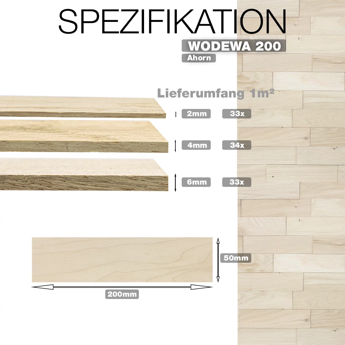 Spezifikation der WODEWA 200 Holzpaneele aus Ahorn mit Stärken 2–6 mm und Format 200 x 50 mm