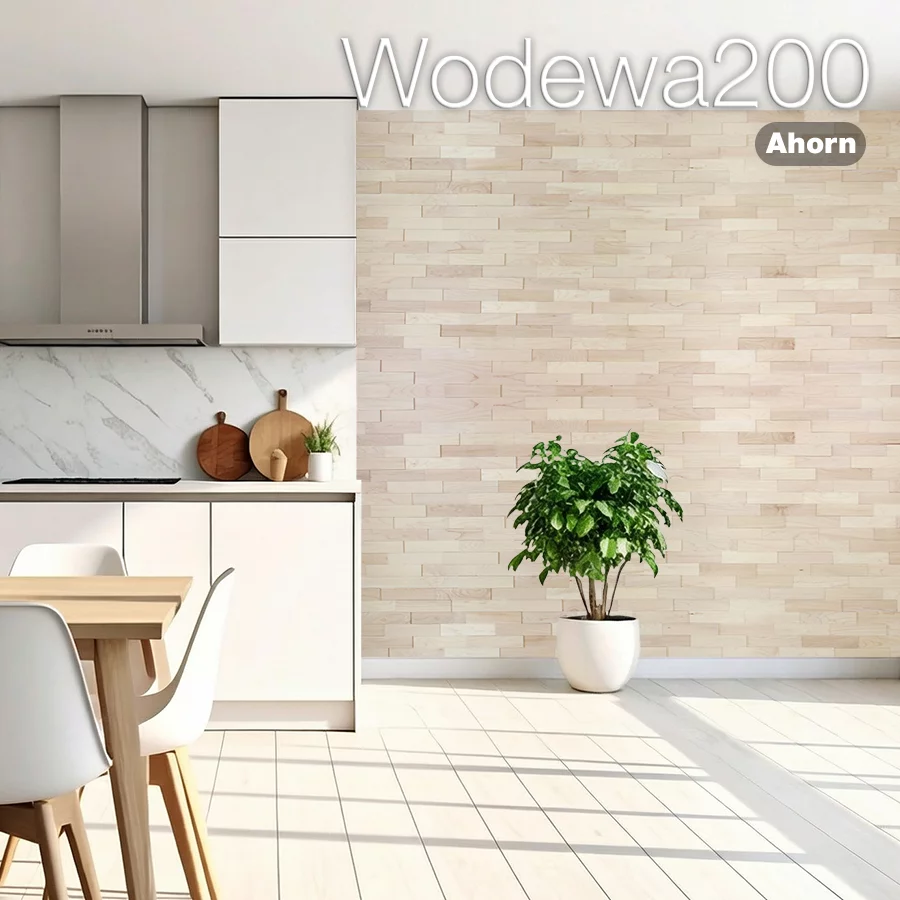 Wodewa200 Holzwand aus Ahorn in moderner Küche – natürliche Wandverkleidung aus Holz