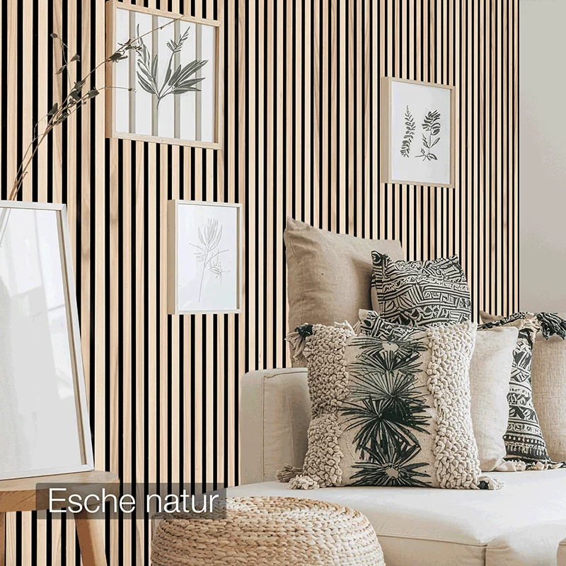 Akustikpaneel aus Esche-Holz von wodewa – natürliche Wandverkleidung mit akustischer Wirkung im Wohnzimmer