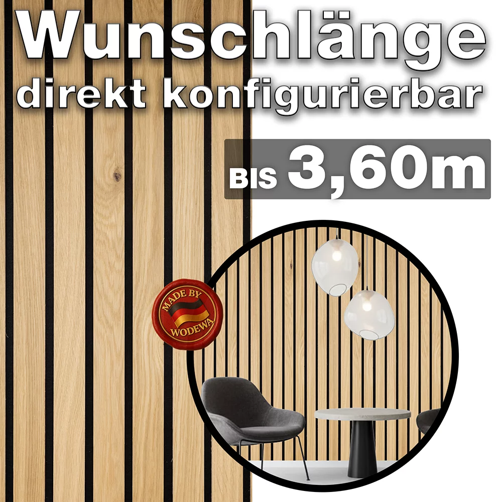 Akustik Breilamellenwand aus Eiche geölt von WODEWA in Wunschlänge bis 3,60 m – modernes Wanddesign Made in Germany