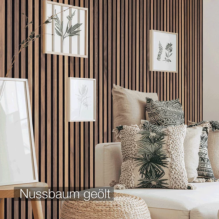Echtholz Akustikpaneel Nussbaum – warme und exklusive Holzoptik mit edler Maserung im gemütlichen Wohnzimmer
