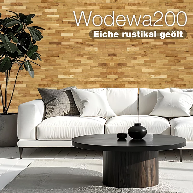 Modernes Wohnzimmer mit Buchenholz-Wandverkleidung Wodewa200 Eiche rustikal geoelt und weißem Sofa