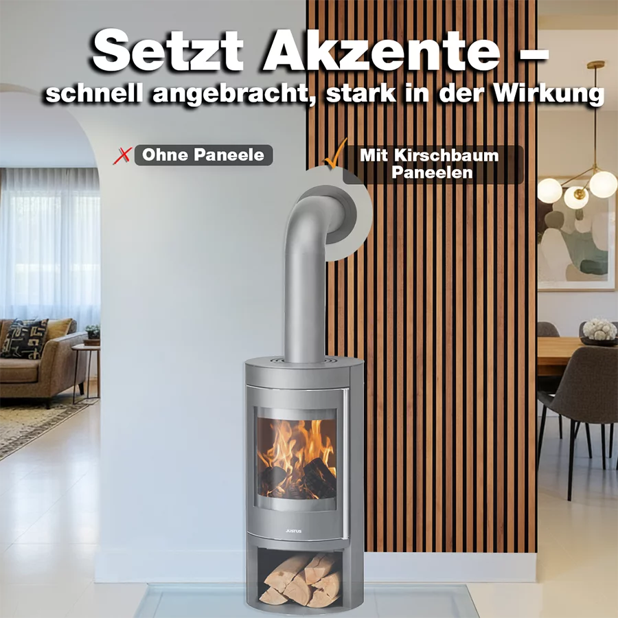 Vorher-Nachher-Vergleich mit wodewa Akustikpaneelen Echtholz Kirschbaum – moderne Wandgestaltung hinter Kamin, bessere Raumwirkung und Akustik hergestellt in Deutschland.