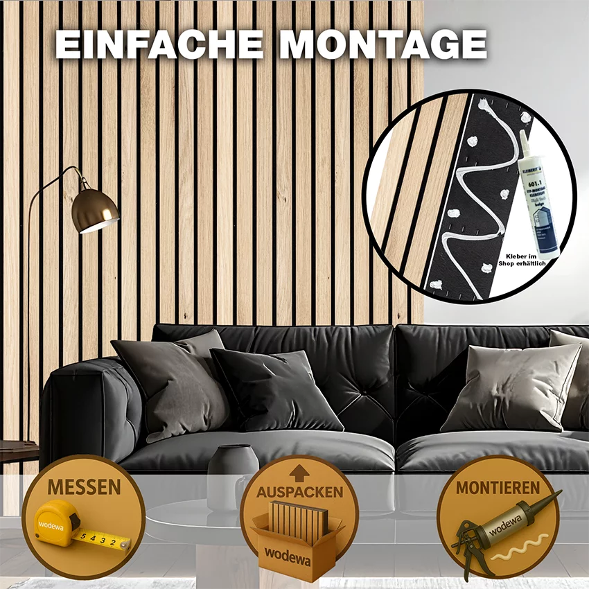 Breitholz-Lamellenwand aus Eiche strukturiert natur im Wohnzimmer mit einfacher Montage durch Kleber von wodewa