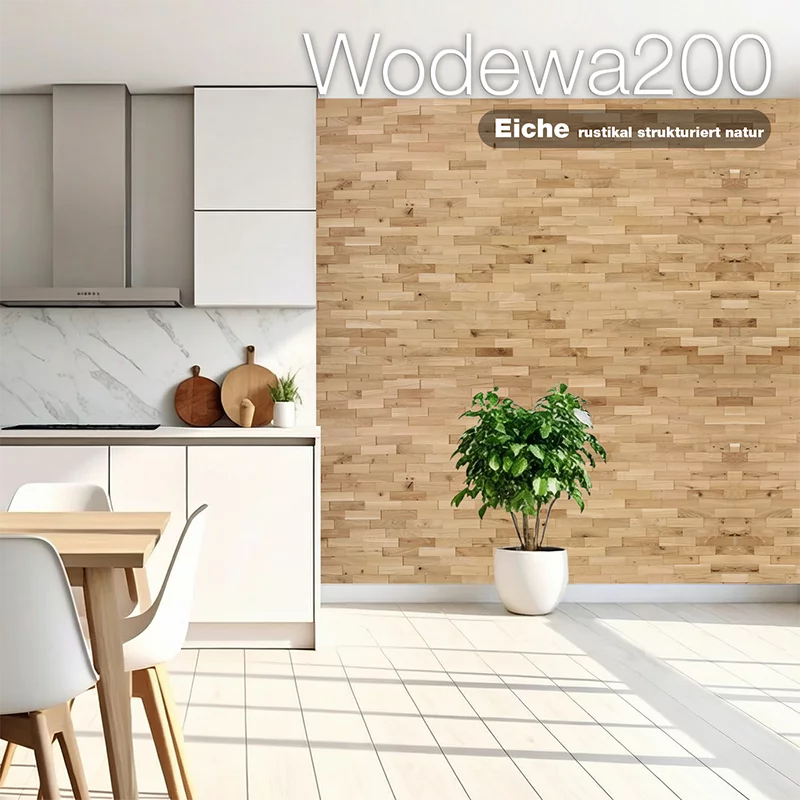 Wodewa200 Holzwand aus Eiche rustikal strukturiert natur in moderner Küche – natürliche Wandverkleidung aus Holz