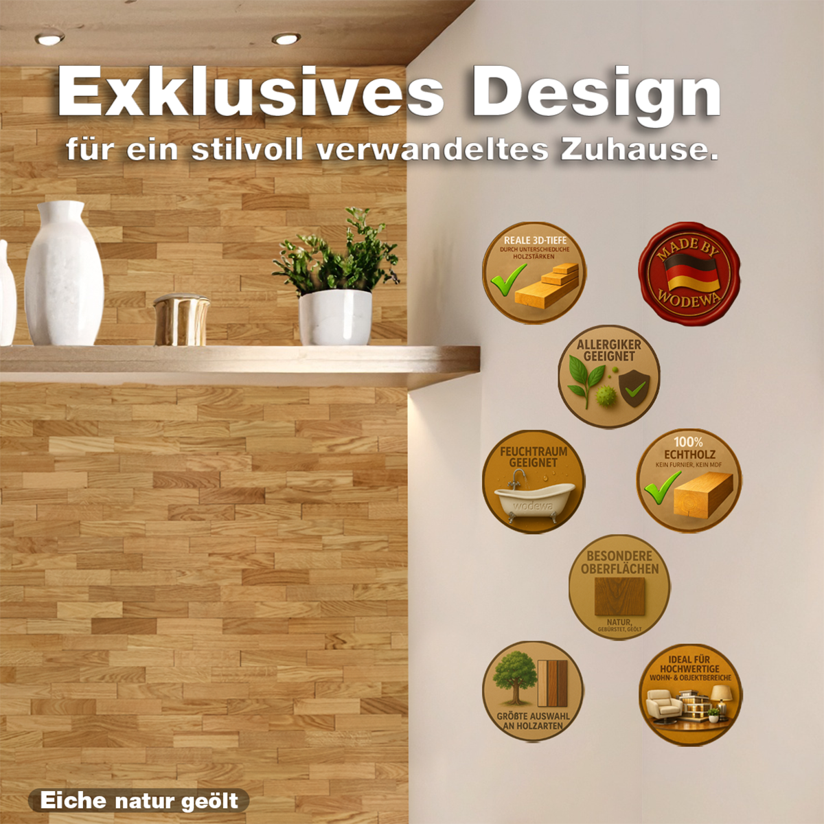 Exklusive Wandverkleidung aus Eiche natur geölt mit natürlichem Holzdesign von wodewa – hochwertiges Interior Design aus Deutschland
