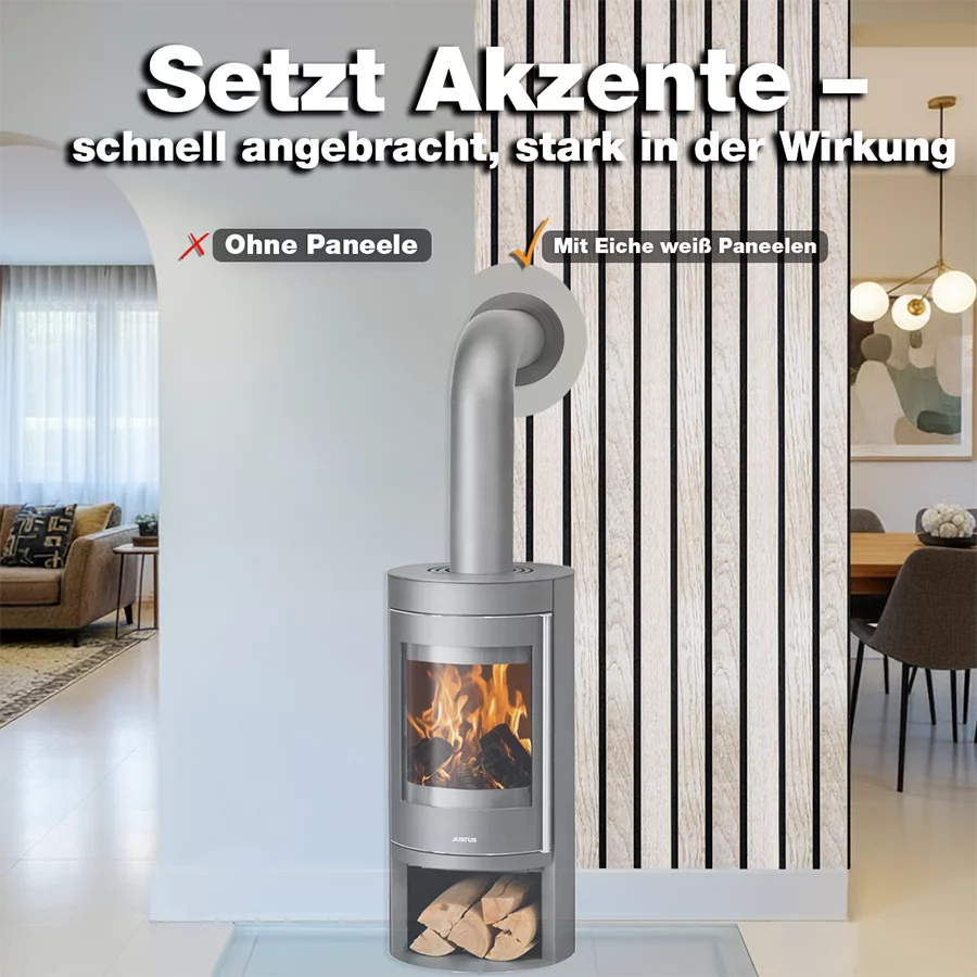 Vorher-Nachher-Vergleich eines Wohnraums mit und ohne Akustikbreitpaneele aus Eiche weiss hinter einem Kamin von Wodewa