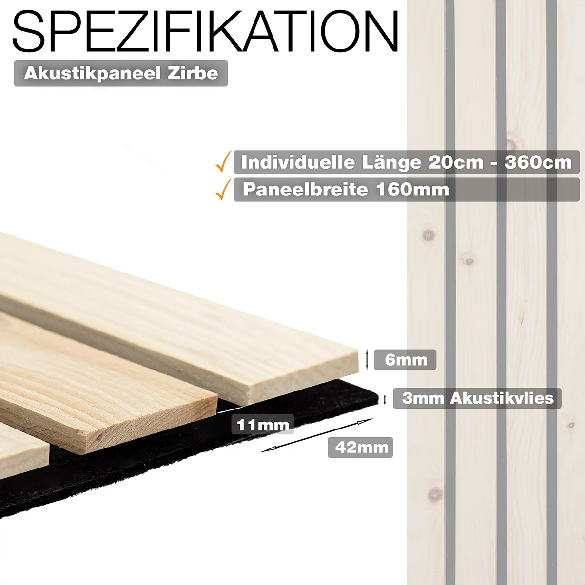 Spezifikation Akustikpaneel Zirbe mit Breitlamellen von Wodewa
