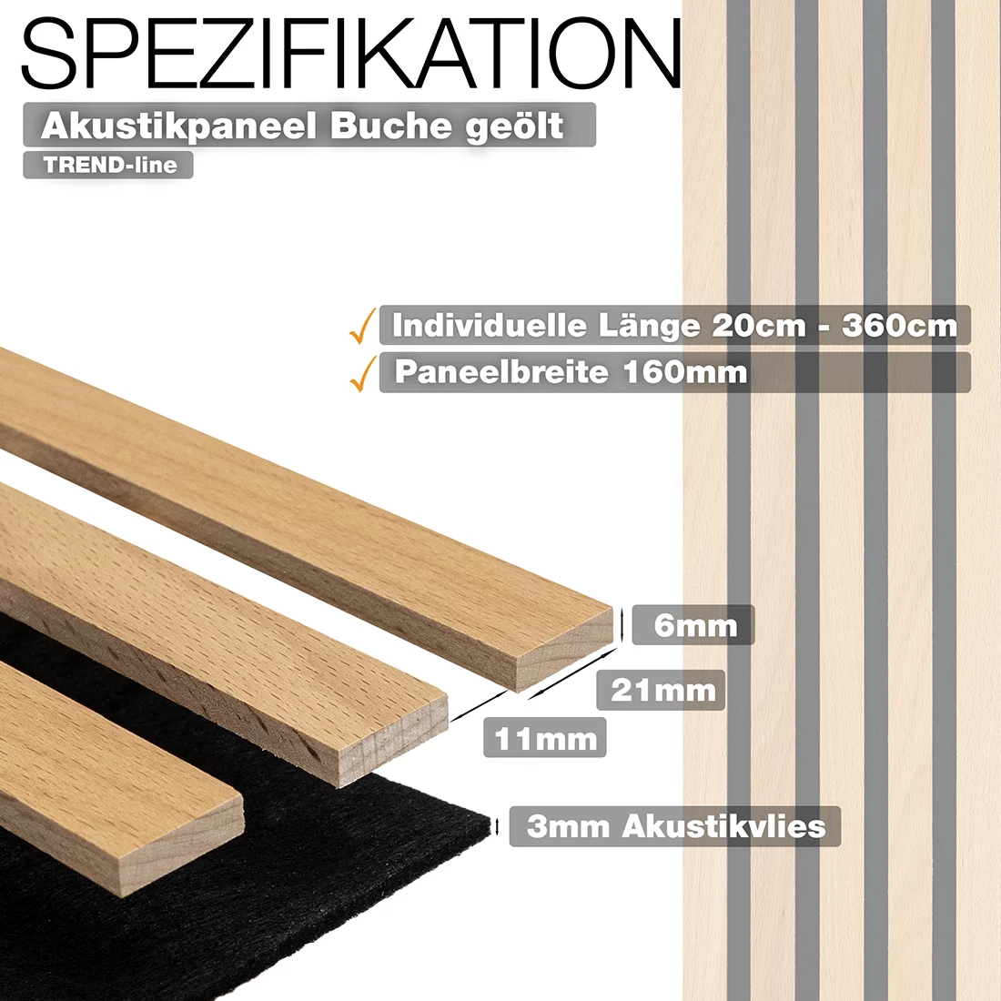 wodewa Akustikpaneel Echtholz Buche Trend-line mit 160 mm Paneelbreite, individuelle Länge 20–360 cm, Lamellen in 6 mm Stärke, 3 mm Akustikvlies – Wandpaneel für Raumakustik hergestellt in Deutschland
