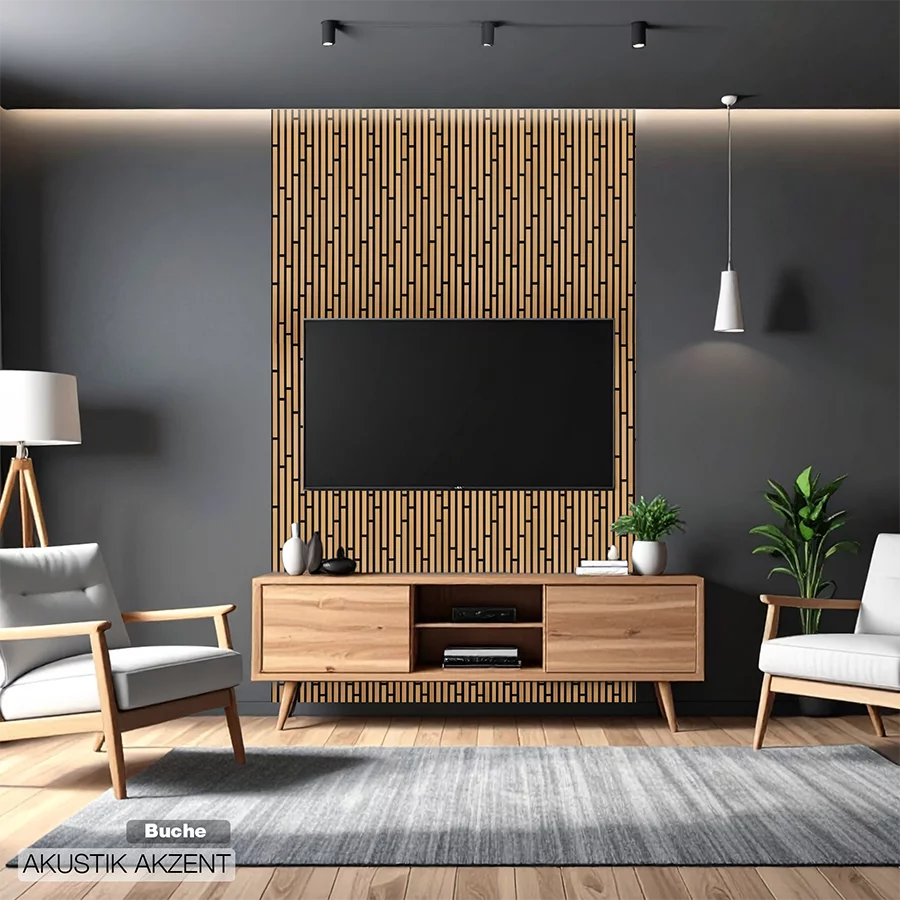 Akustikpaneel aus Altholz als TV-Wand im modernen Wohnzimmer mit Holz-Sideboard und Sesseln von Wodewa