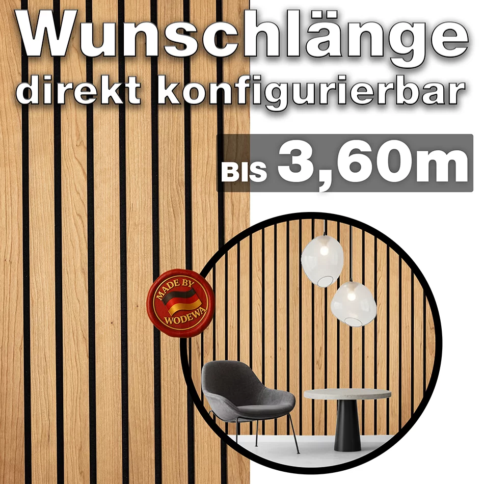 Akustik Breilamellenwand aus Kirsche von WODEWA in Wunschlänge bis 3,60 m – modernes Wanddesign Made in Germany