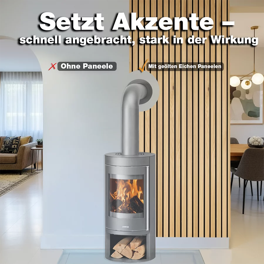 Vorher-Nachher-Vergleich eines Wohnraums mit und ohne Akustikbreitpaneele aus Eiche geölt hinter einem Kamin von Wodewa