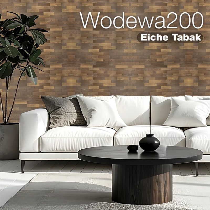 Modernes Wohnzimmer mit Eiche Tabak-Wandverkleidung Wodewa200 Ahorn und weißem Sofa
