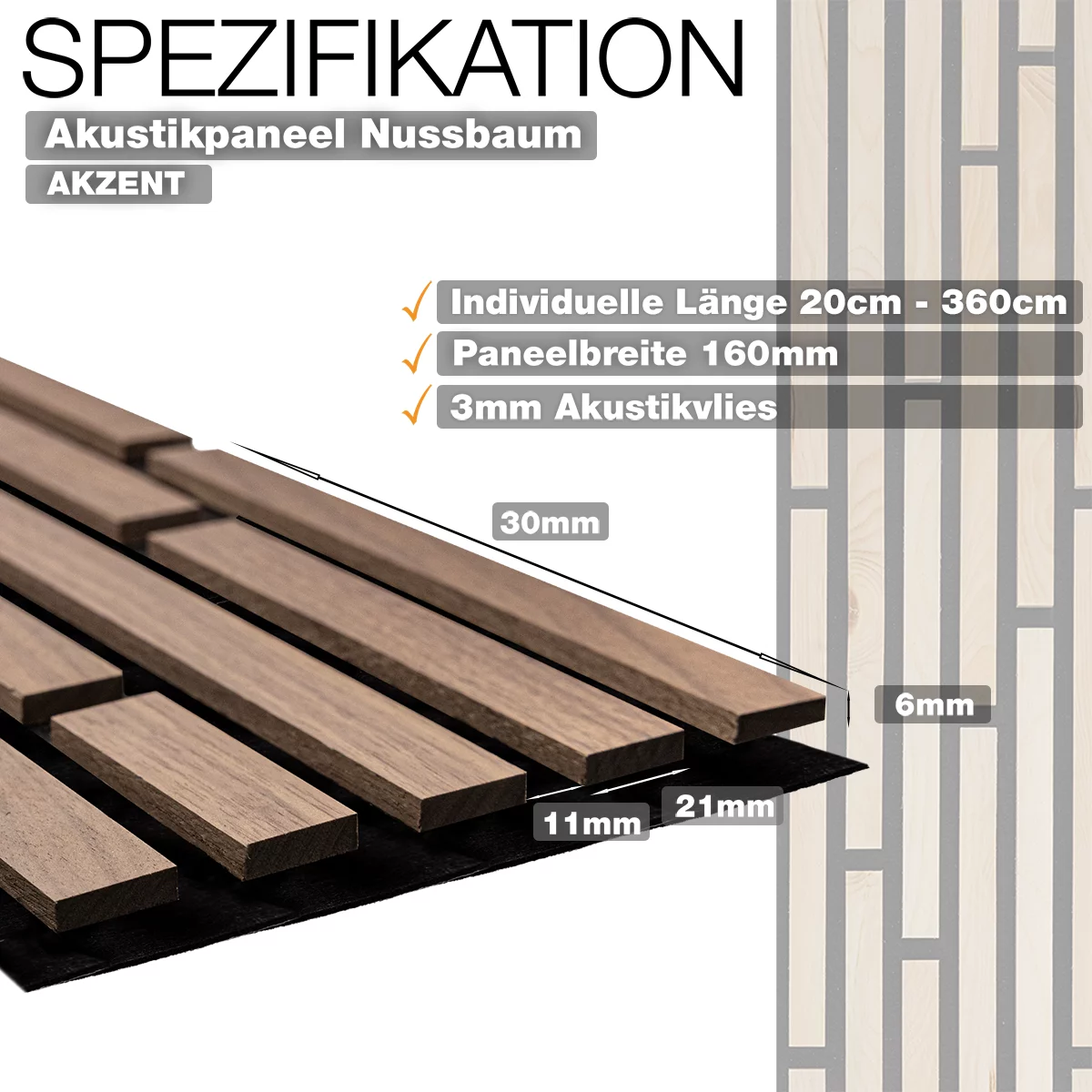 Akustikpaneel Akzent aus Nussbaum mit 3 mm Akustikvlies und Lamellenaufbau – technische Spezifikation von Wodewa