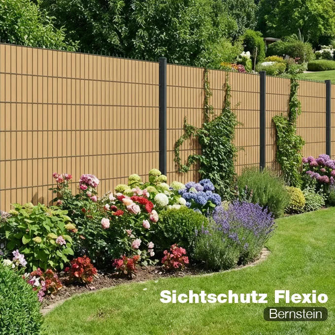 Sichtschutzzaun Flexio in Bernstein als Gartenzaun mit blühendem Beet im Hintergrund