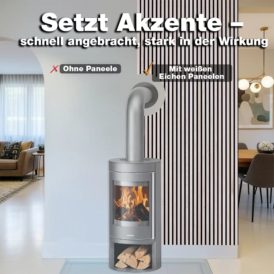 Vorher-Nachher-Vergleich mit wodewa Akustikpaneelen Echtholz Eiche weiss – moderne Wandgestaltung hinter Kamin, bessere Raumwirkung und Akustik hergestellt in Deutschland.