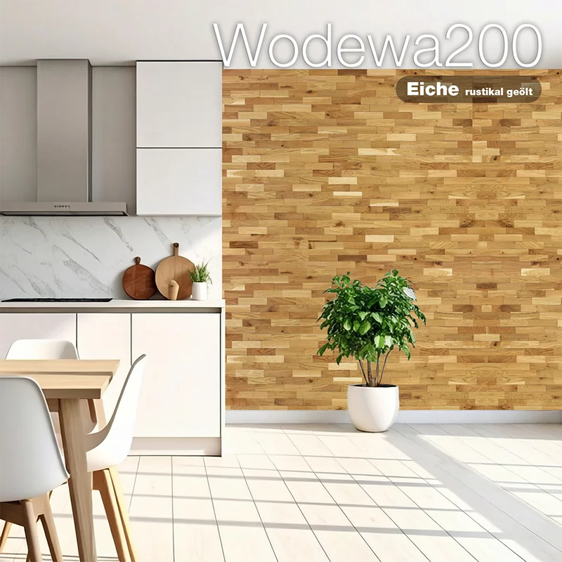 Wodewa200 Holzwand aus Eiche rustikal geölt in moderner Küche – natürliche Wandverkleidung aus Holz
