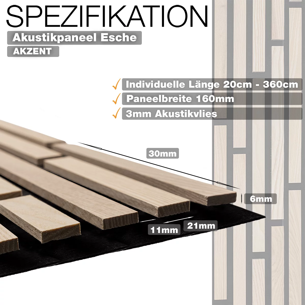 Akustikpaneel Akzent aus Esche mit 3 mm Akustikvlies und Lamellenaufbau – technische Spezifikation von Wodewa