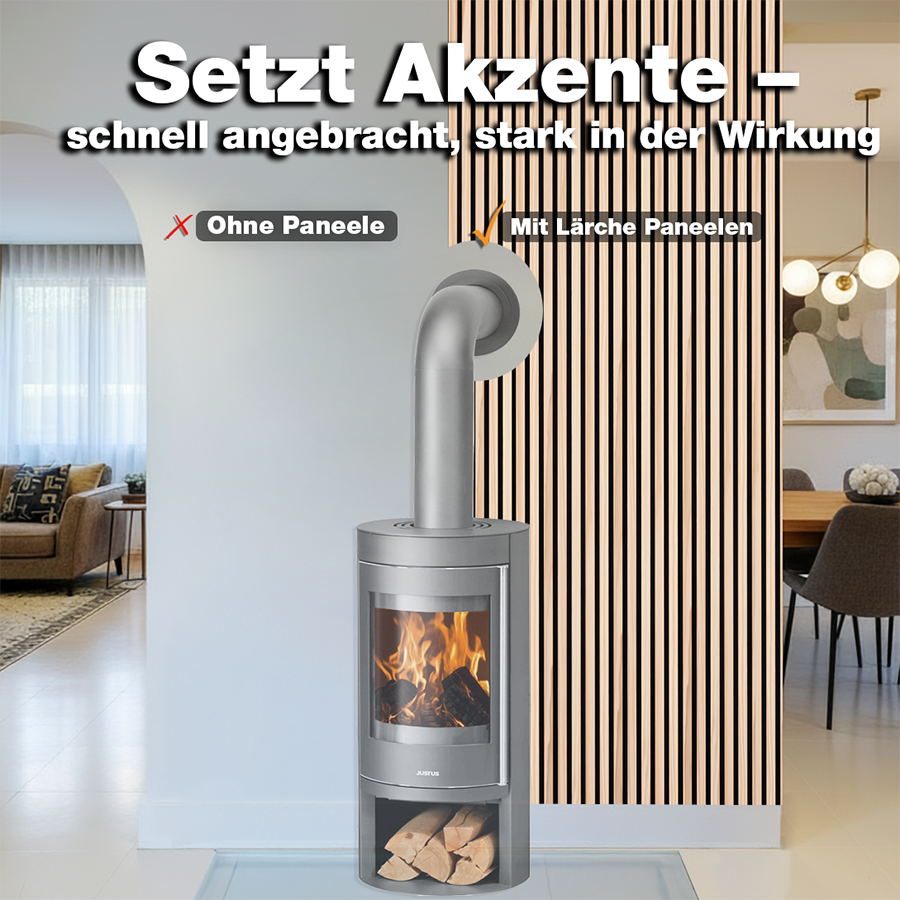 Vorher-Nachher-Vergleich mit wodewa Akustikpaneelen Echtholz Lärche – moderne Wandgestaltung hinter Kamin, bessere Raumwirkung und Akustik hergestellt in Deutschland.