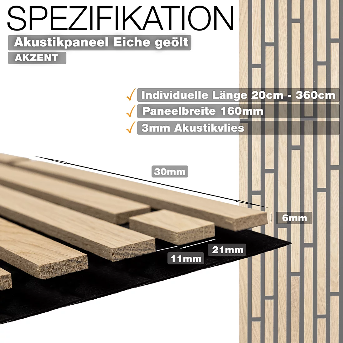 Akustikpaneel Akzent aus geölter Eiche mit 3 mm Akustikvlies und Lamellenaufbau – technische Spezifikation von Wodewa