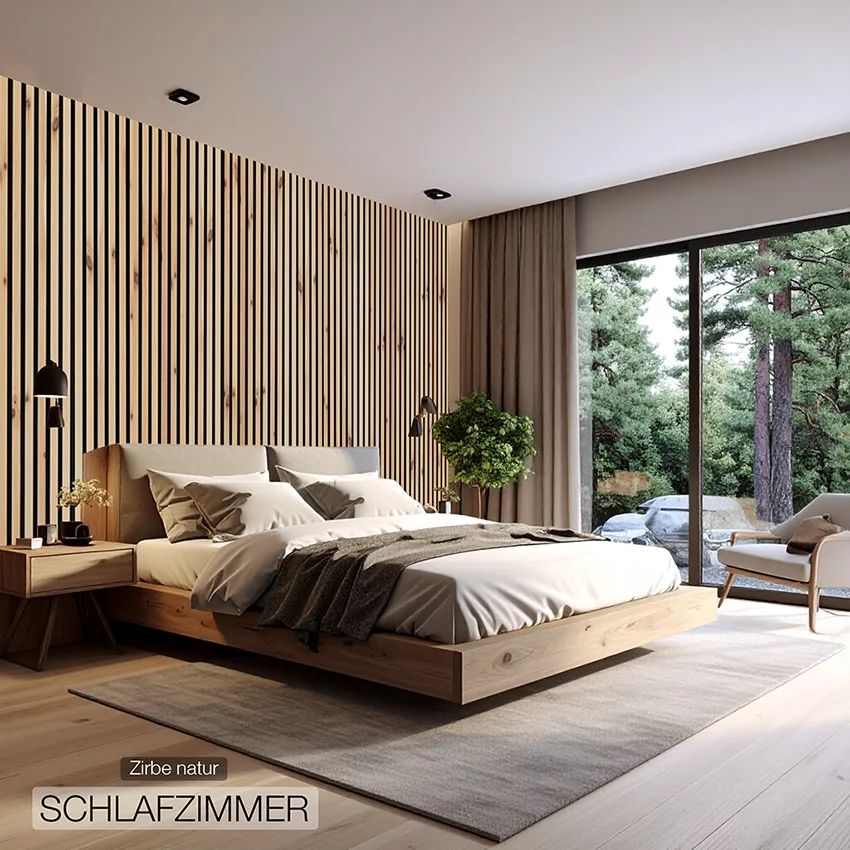exklusive Echtholz Zirbe Akustikpaneele von wodewa im mordernen Schlafzimmer