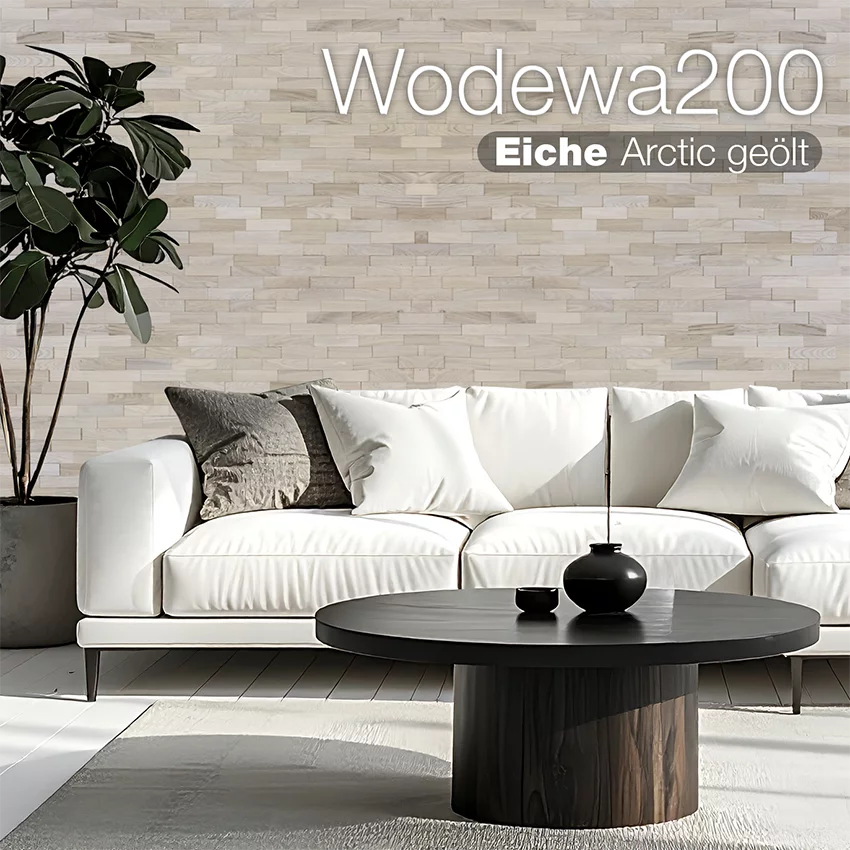 Modernes Wohnzimmer mit Eichenholz-Wandverkleidung Wodewa200 Eiche arctic geölt und weißem Sofa