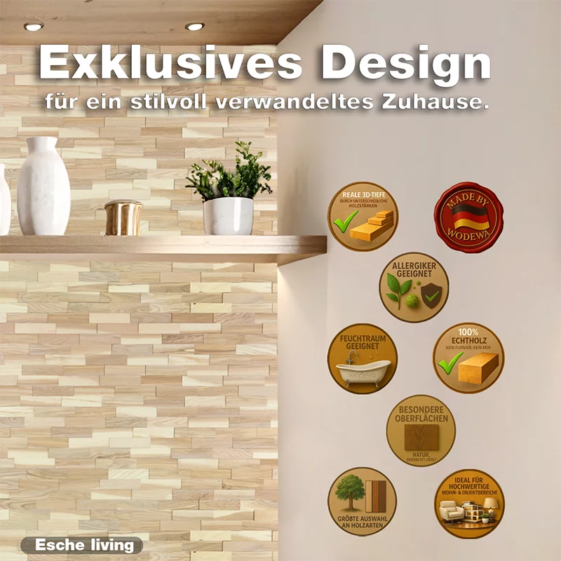 Exklusive Wandverkleidung aus Esche living mit natürlichem Holzdesign von wodewa – hochwertiges Interior Design aus Deutschland