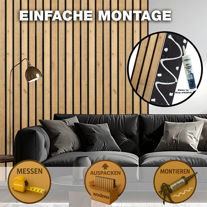 Breitholz-Lamellenwand aus Altholz im Wohnzimmer mit einfacher Montage durch Kleber von wodewa