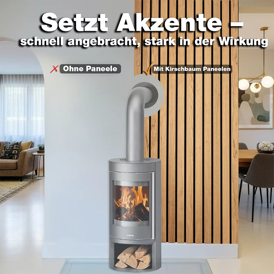 Vorher-Nachher-Vergleich eines Wohnraums mit und ohne Akustikbreitpaneele aus Kirsche hinter einem Kamin von Wodewa