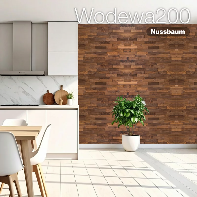 Wodewa200 Holzwand aus Nussbaum in moderner Küche – natürliche Wandverkleidung aus Holz