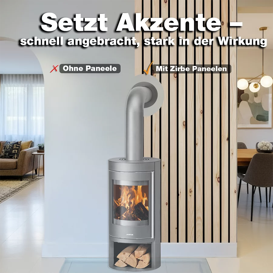 Vorher-Nachher-Vergleich eines Wohnraums mit und ohne Akustikbreitpaneele aus Zirbe hinter einem Kamin von Wodewa